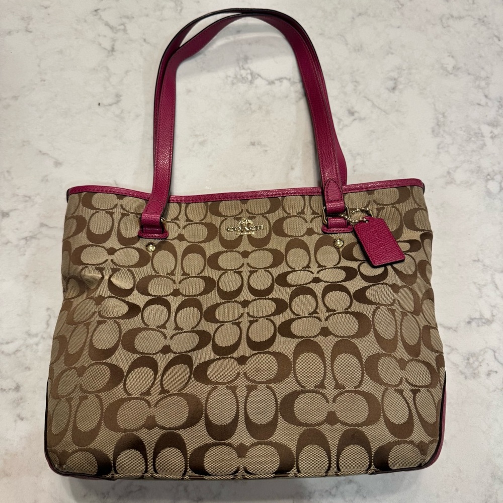 Coach Signature Jacquard Tote in Khaki & Fuchsia Pink Leather Trim Style F36375